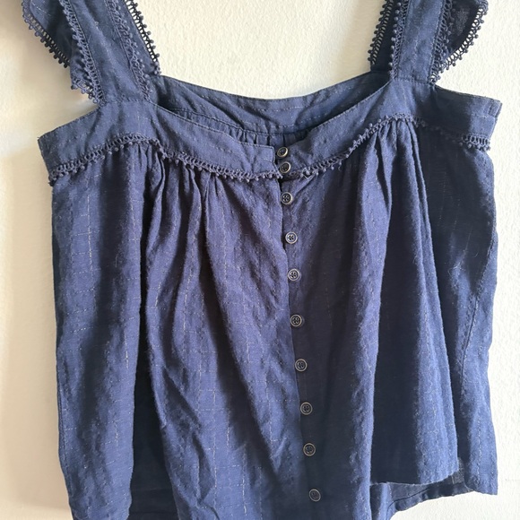 Sezane Sz S Andiamo Navy Blue  Button Back Ruffle Feminine Sleeveless Blouse - Picture 6 of 10